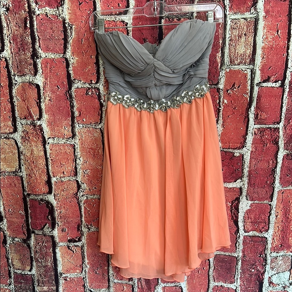 City Studio Strapless Dress - Grey & Coral, Size 3